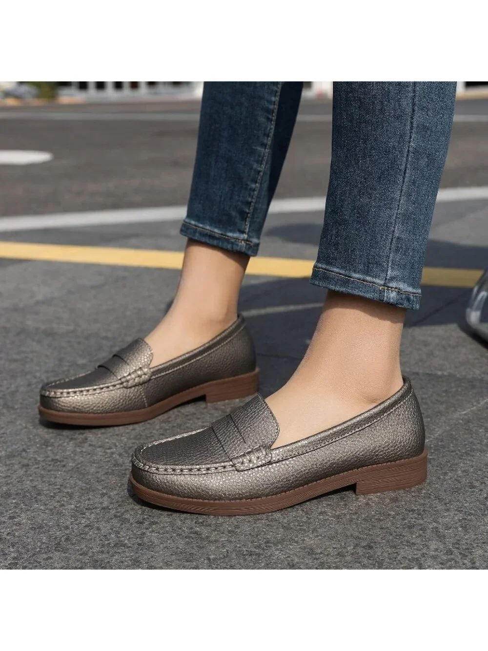 Women's Bronze Leather Comfortable Penny Loafers Slip On Casual Walking Shoes